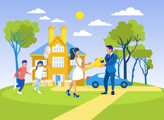 Family Buying or Renting New Home Flat Cartoon