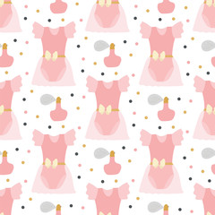 Seamless pattern of pink ballerina suits and perfume bottles with gold, pink, and blue dots floating freely