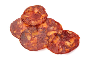 Spanish spicy Chorizo Sausage slices, close-up, isolated on white background