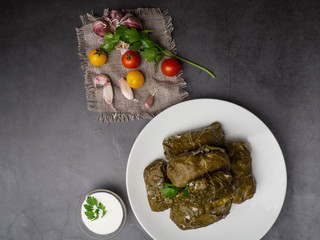 Delicious dolma sarma stuffed grape leaves rice, white yogurt sauce. Lebanese dolma sarma on plate