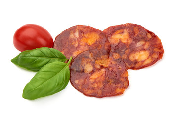 Spanish spicy Chorizo Sausage slices, close-up, isolated on white background