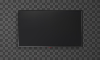 Widescreen black flat tv screen. Realistic vector mockup of lcd panel.