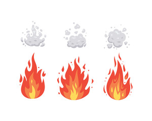 Fire flame vector icons in cartoon style. Flames of different shapes. Fireball set, flaming symbols.