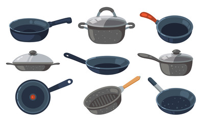 Frying pan vector icons set. Kitchen pots and different pans isolated on white background.