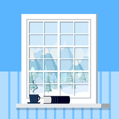 Fototapeta na wymiar White room window frame with cup and book on the windowsill in cartoon flat style.