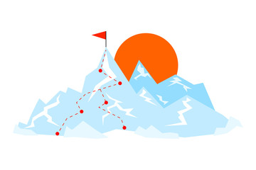 Flat mountain with route to the peak. Vector illustration of journey way. Goal concept.