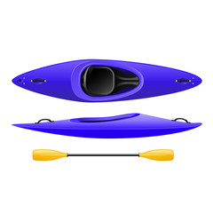 Plastic kayak for rafting and tourism, blue canoe top view with paddle