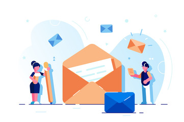 Fototapeta premium Landing page of Send Message Concept. Email. E-mail service. Electronic mail concept as marketing. Web mail or mobile service layout. Woman hold letter. Chatting. Notification. Social network. Chat.