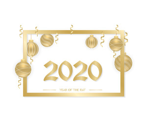 Happy New Year 2020. New Year background with golden hanging balls, ribbons and a frame. Text, design element. Vector illustration. - 278624942