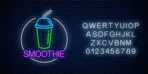 Neon glowing sign of smoothie in circle frame with alphabet. Fastfood light billboard symbol. Cafe menu item.