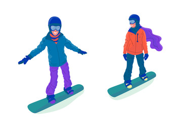 Couple of young people, man and woman, are snowboarding.