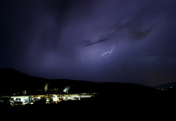 a dangerous storm in a summer night full of lighting bolts with view above the austrian city of leoben to the east