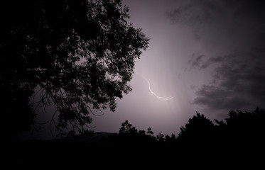 a dangerous storm in a summer night full of lighting bolts with view above the austrian city of leoben to the east