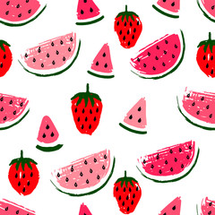 Watermelon slices and strawberry seamless pattern on white background.