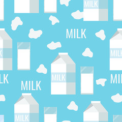 Seamless pattern: paper white and blue packaging of milk.
