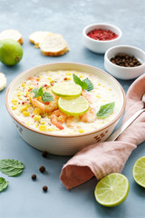 Corn chowder soup with shrimp and rice