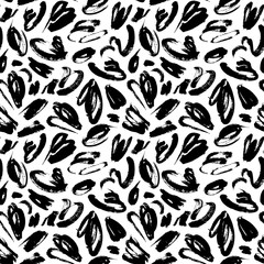 Black paint smears hand drawn seamless pattern. Brushstroke blots, chaotic specks vector illustration.