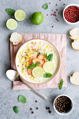 Corn chowder soup with shrimp and rice
