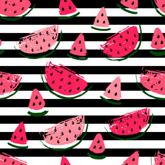 Watermelon slices, striped seamless pattern on background.
