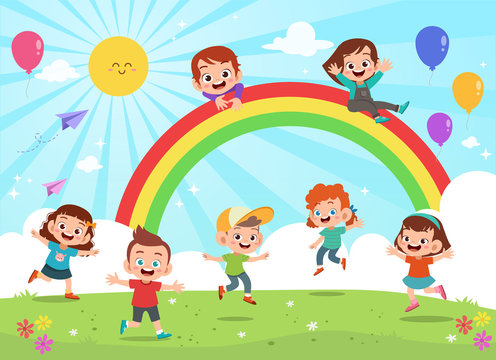 Kids jumping under rainbow colorful cartoon