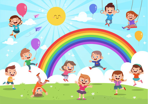Kids jumping under rainbow colorful cartoon