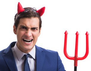 Evil devil businessman with pitchfork isolated on white backgrou