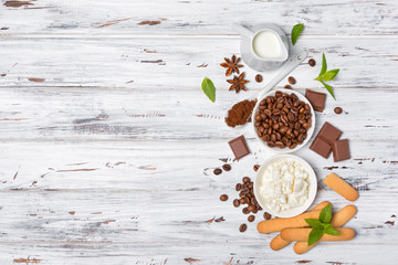 Top view on ngredients for italian dessert tiramisu cake