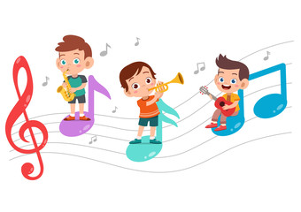 Cartoon little kids playing music