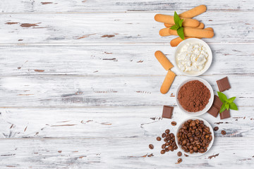 Top view on ngredients for italian dessert tiramisu cake