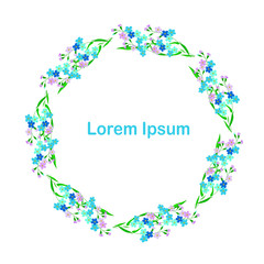 Forgetting round frame, Lorem Ipsum. Blue pink flowers background flat design element stock vector illustration for web, for print, for wallpaper