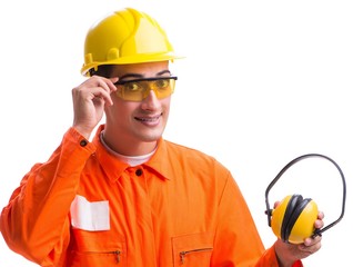 Construction worker with noise cancelling earphones