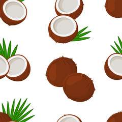 Tropical seamless pattern with coconuts and leaves palm tree isolated on white background. Vector illustration
