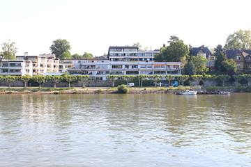 Houses on water on Rhine river in Wiesbaden