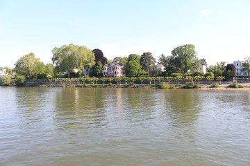 Fototapeta na wymiar Houses on water on Rhine river in Wiesbaden