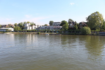 Houses on water on Rhine river in Wiesbaden