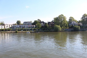 Houses on water on Rhine river in Wiesbaden