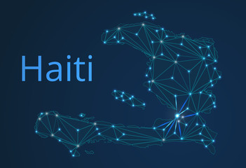 Haiti communication network map. Vector low poly image of a global map with lights in the form of cities in or population density consisting of points and shapes in the form of stars and space.