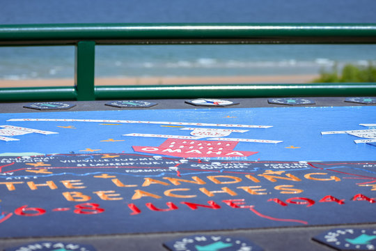 Commemorative And Explanatory Map Of The Battle Of The Normandy Landings In The Second World War. Omaha Beach, French Normandy.