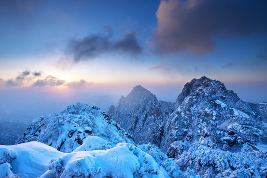Snow on Huangshan mountain range, China