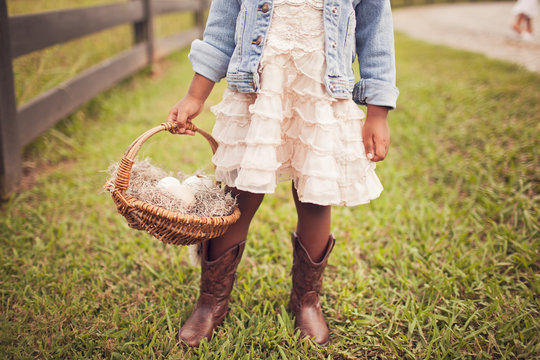 Midsection of girl holding basket of eggs