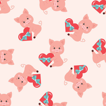 Vector seamless romantic pattern with cute pig with red heart tied with blue ribbon in paws