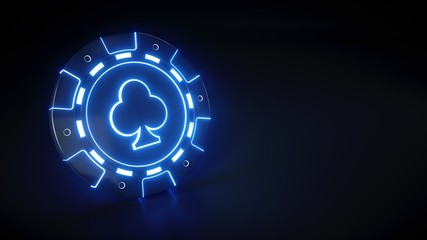 Casino Chip with glowing neon blue lights and clubs symbol isolated on the black background - 3D Illustration