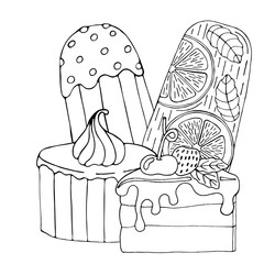 Coloring page with cake, ice cream, cupcake, candy and other dessert