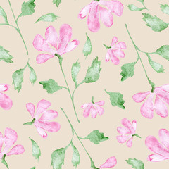 Pink flowers watercolor painting - hand drawn seamless pattern with blossom on beige background