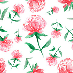 Pink peony flowers, watercolor painting - seamless pattern isolated on white background
