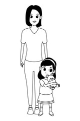 Single mother with children cartoon in black and white