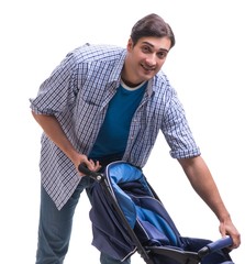 Young dad with child pram isolated on white