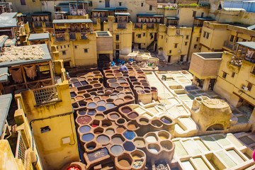 Tanneries of Fes Old tanks with color paint for leather. Morocco Africa.