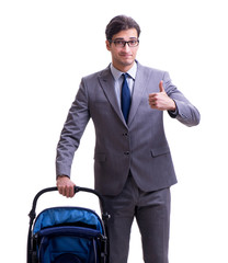 Young dad businessman with baby pram isolated on white
