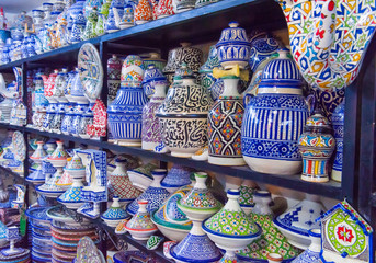 Traditional ceramic pottery on Morocco bazaar, Marakesh